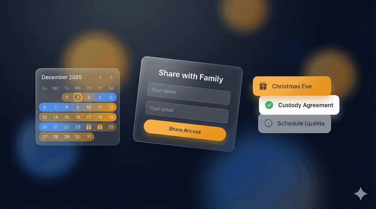 Parenting Time Planner showing calendar, sharing, and notifications