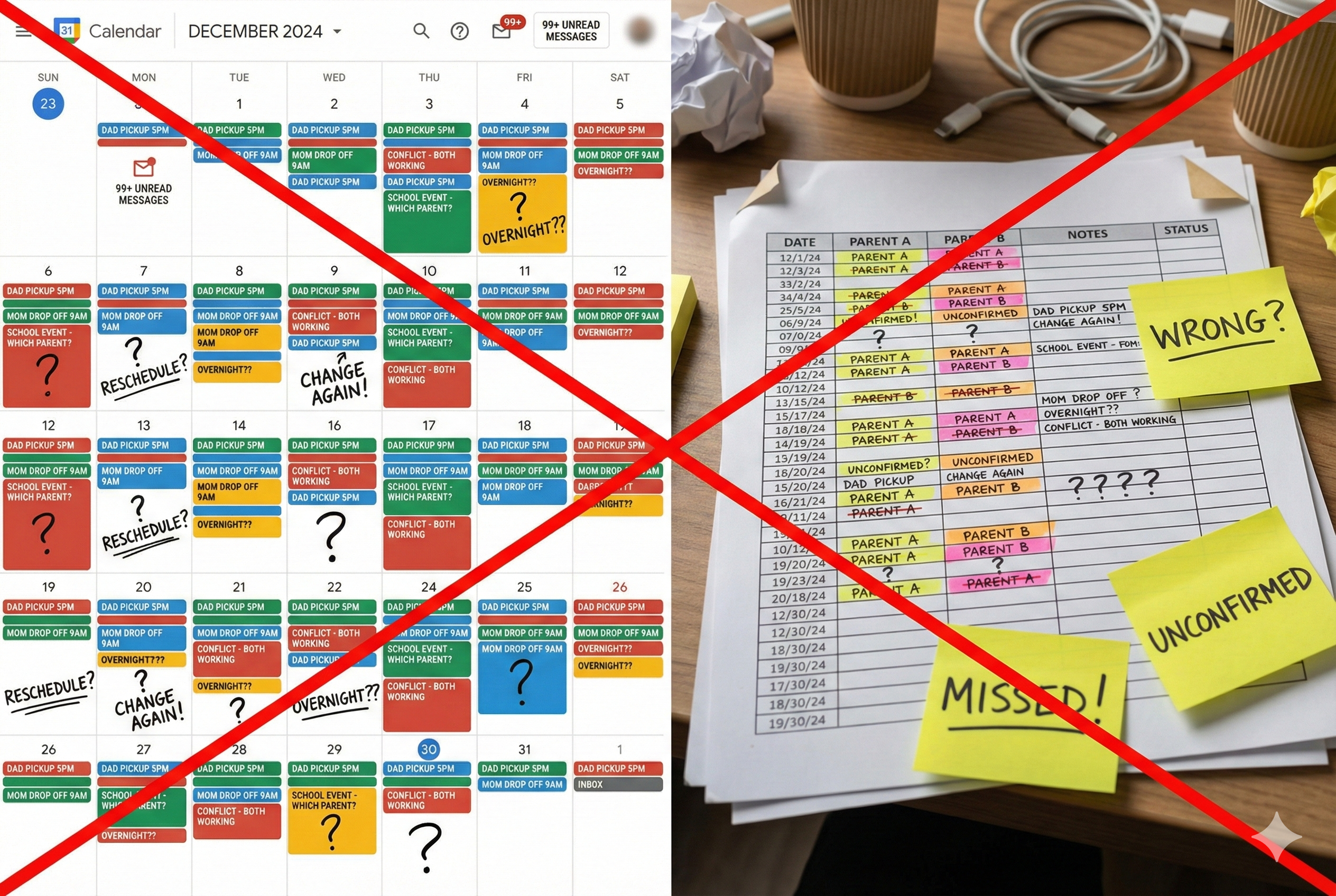 Cluttered calendars and messy spreadsheets showing typical custody schedule chaos