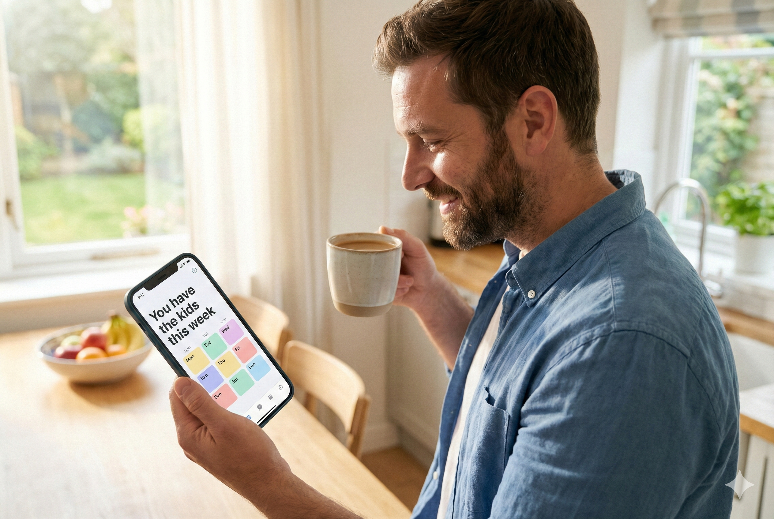 Parent relaxed and confident, looking at a clean custody schedule on their phone